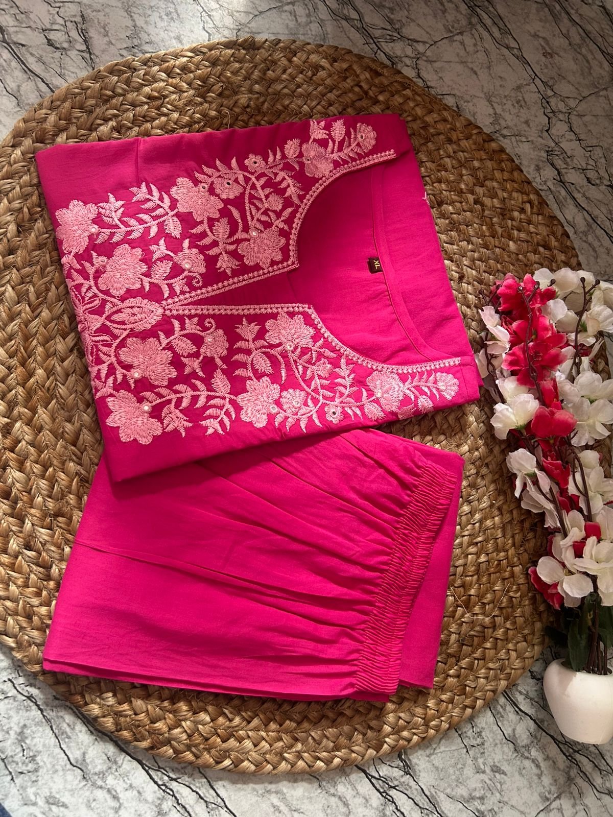 Pink Khadi Flex Cotton Embroidered Suit Set
